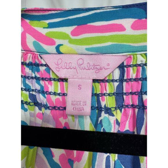 Lilly Pulitzer 100% Silk Elsa Top Indigo Palm Reader Boho Resort Palm Beach SM - Picture 2 of 7